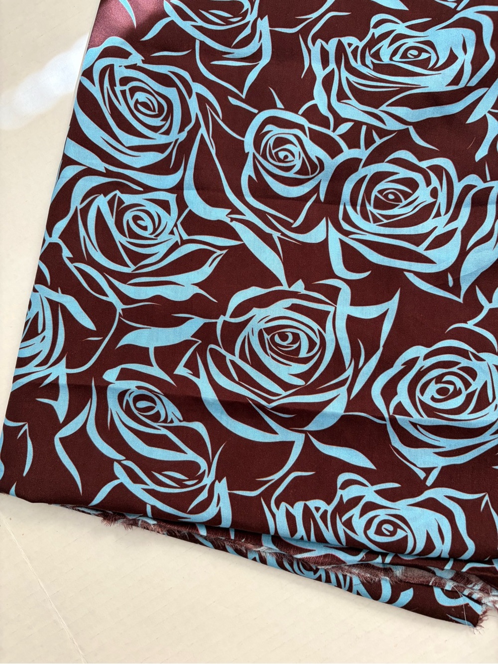Brown and blue rose rayon fabric, 1.75 yards